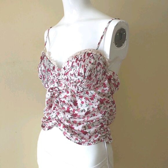 For Love&Lemons Melrose Bustier Tank Top L Pink Floral Ruched Babydoll Coquette - Picture 2 of 9